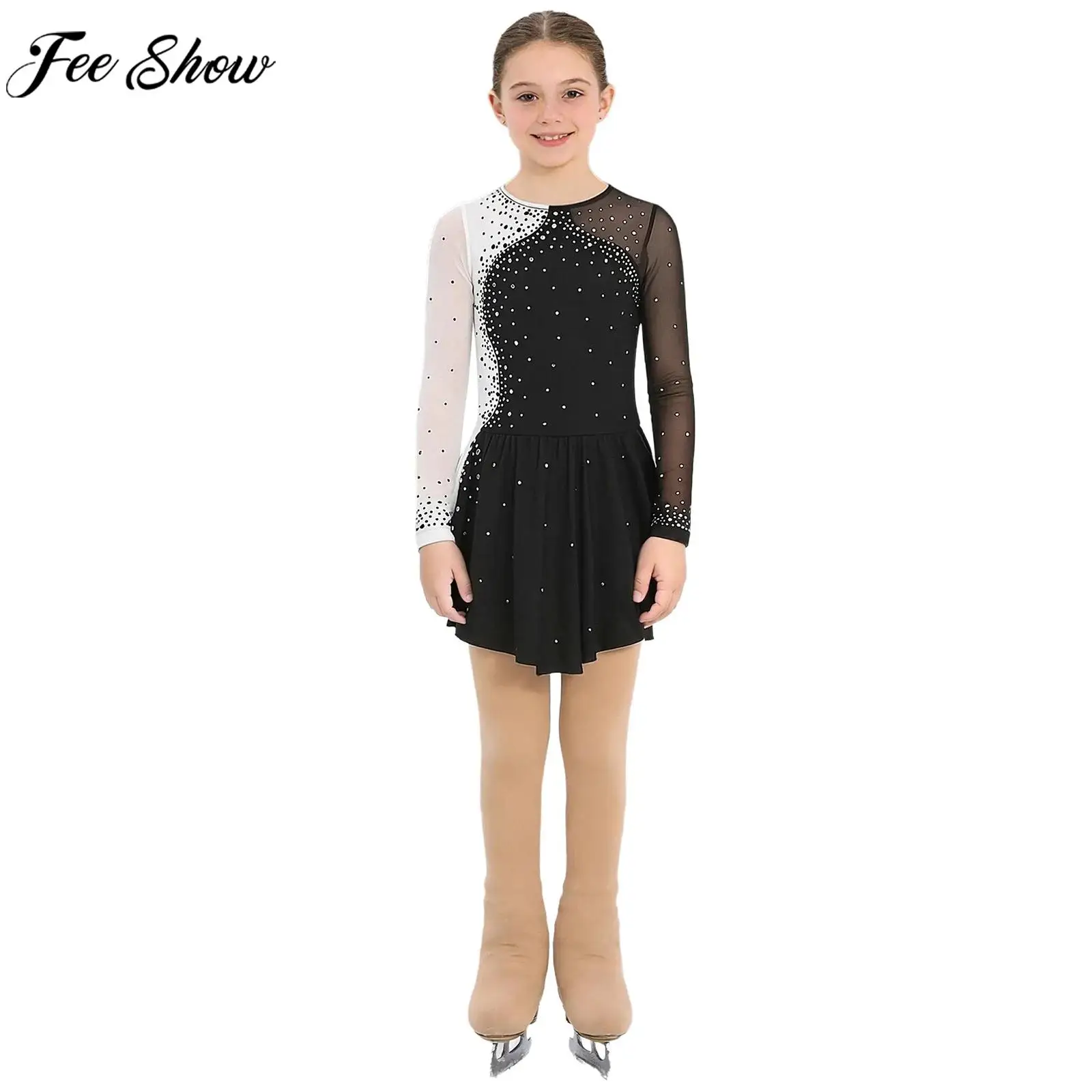 

Детское блестящее платье-трико из прозрачной сетки со стразами для девочек, для фигурного катания, гимнастики, акробатики, балета, танцев, с колготками