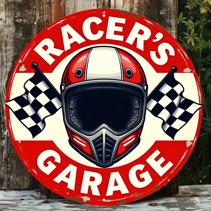Vintage Racer's Garage Racing Helmet Checkered Flag Retro 2D Flat Round Metal Tin Sign Wall Art Plaque For Motorcycle Garage Man