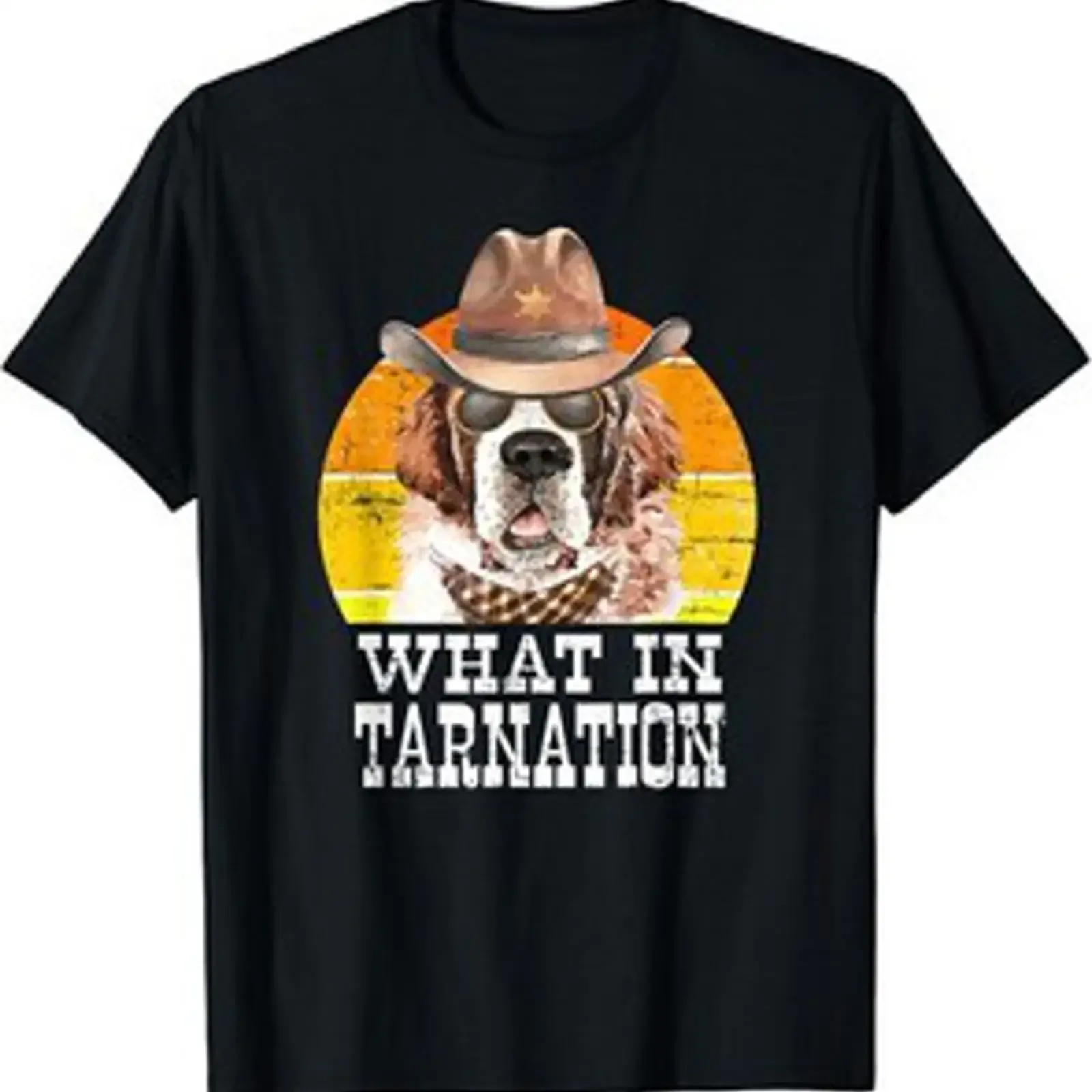 Camiseta unisex What In Tarnation con estampado de perro San Bernardo con sombrero de vaquero, regalo vintage, estilo lavado, para uso diario, unisex