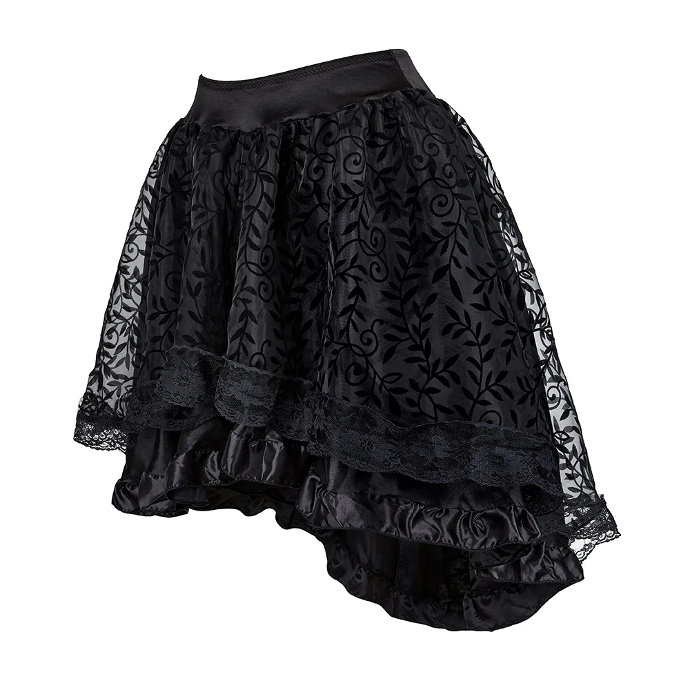 Women Gothic Floral Lace Ruffled Skirt Asymmetrical High Low Skirt Steampunk Pirate Skirts Halloween Costumes