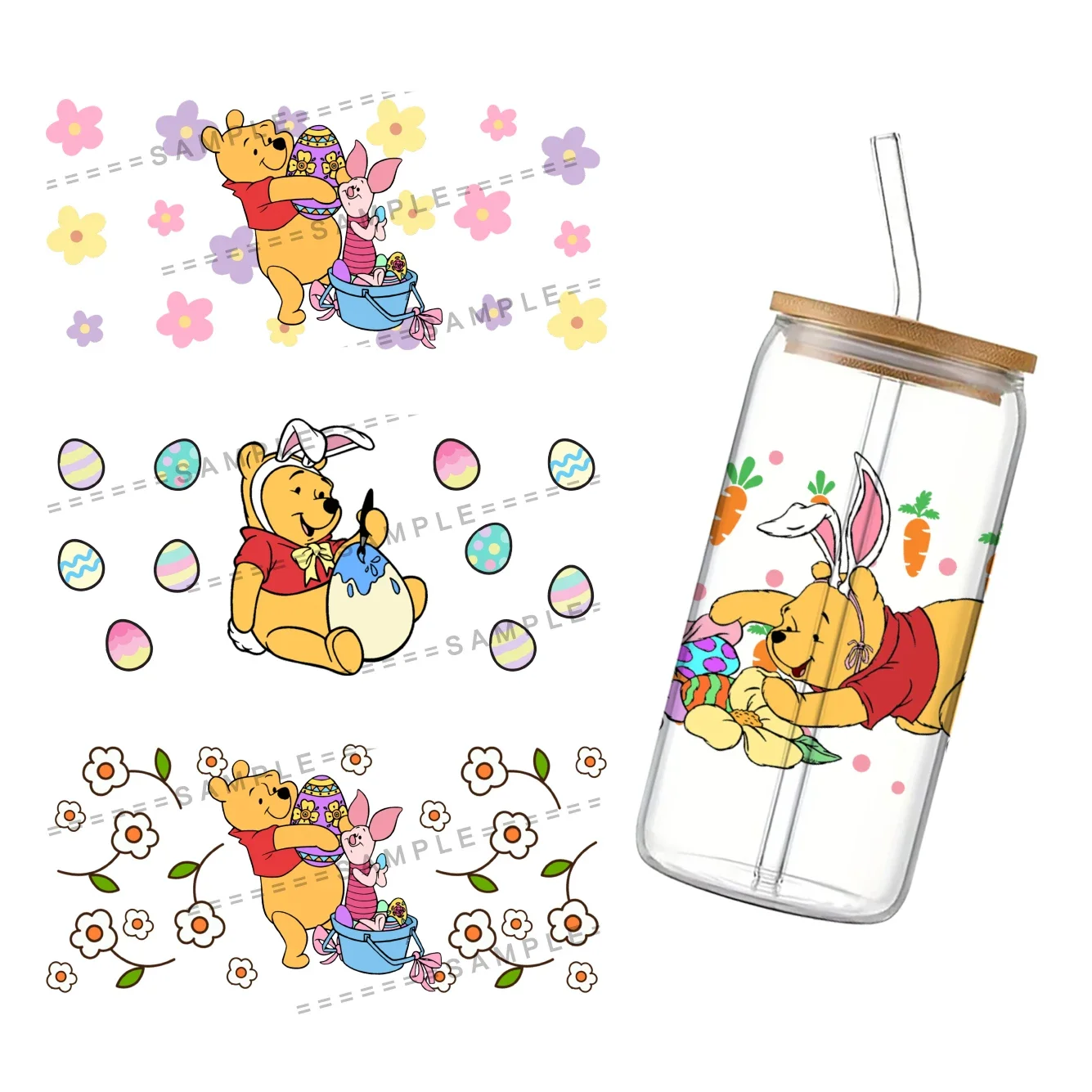 Pasqua Disney Winnie Bear 3D impermeabile UV DTF Cup Wrap per 16Oz Libbey Glass Can adesivo di trasferimento fai da te