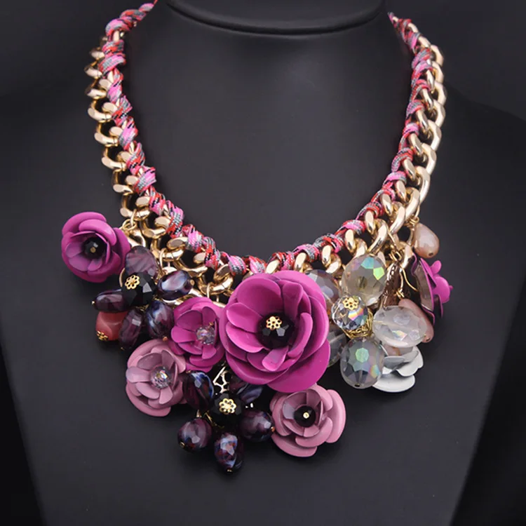 European and American explosion, colorful flowers, gemstones, pendants, cotton rope woven necklaces, short collarbo
