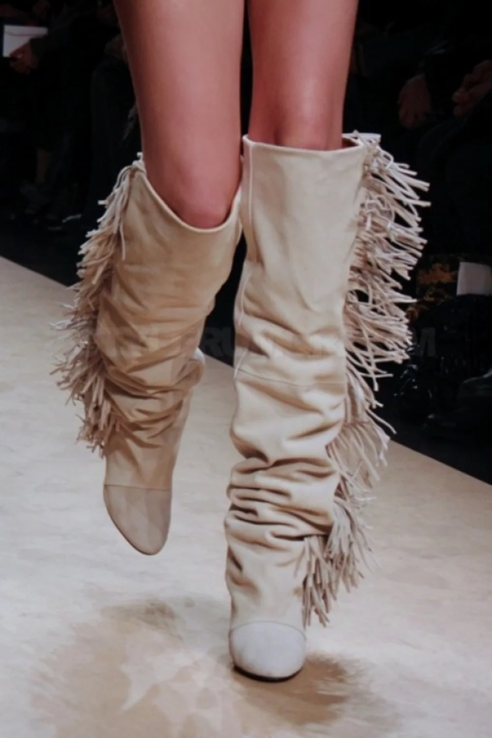 Retro Western Suede Fringe Knee Boots High Wedge Heel Slouchy Tall Shaft Fringe Details Autumn Winter Boots