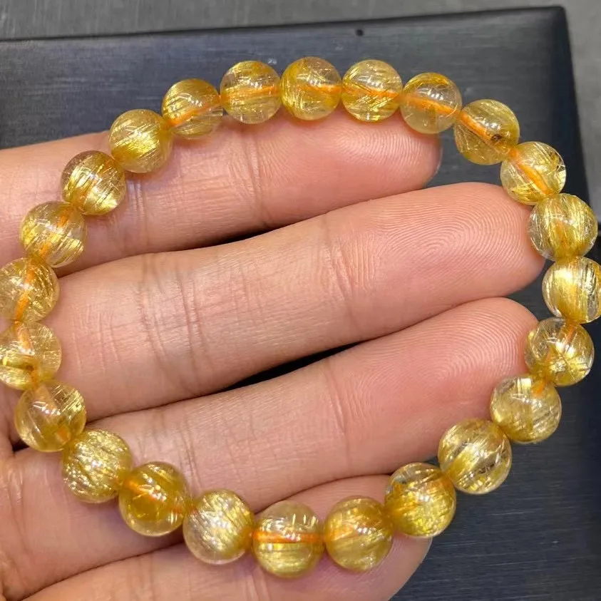 

Natural Gold Rutilated Titanium Quartz Bracelet Brazil Woman Man 7.6mm Wealthy Clear Round Beads Crystal Charms AAAAAA