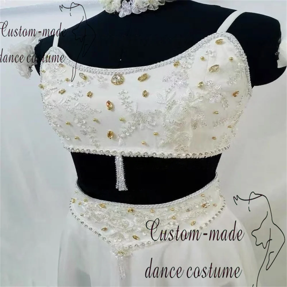 الرقص فتاة الاختلافات الباليه تنورة حزام أبيض أعلى غزل طويل تنورة الأسلحة زهرة مطعمة الماس خوذة مشرقة 4 قطعة مجموعة