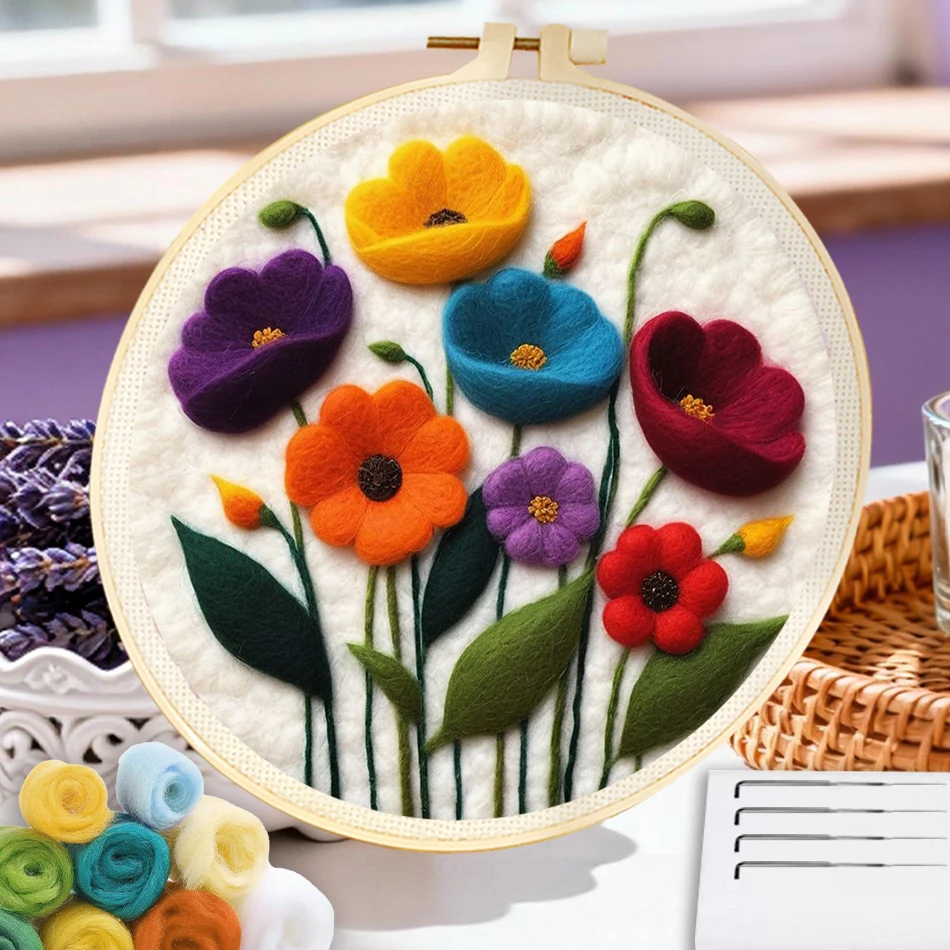 CHENISTORY Flower Wool Painting Create Wall Art Embroidery Kit Flower Felting Kit For Beginners Wall Art Picture Felt Craft Kit