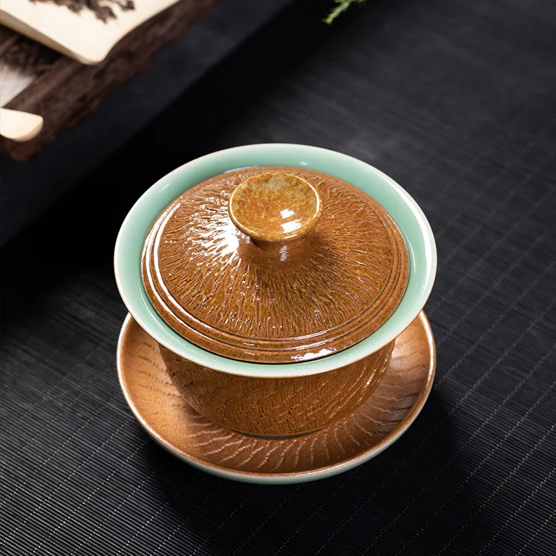 High Quality Celadon Gaiwan Set Vintage Handmade Blind Ceramic Home Reception Hand Grip Tea Brewing Bowl