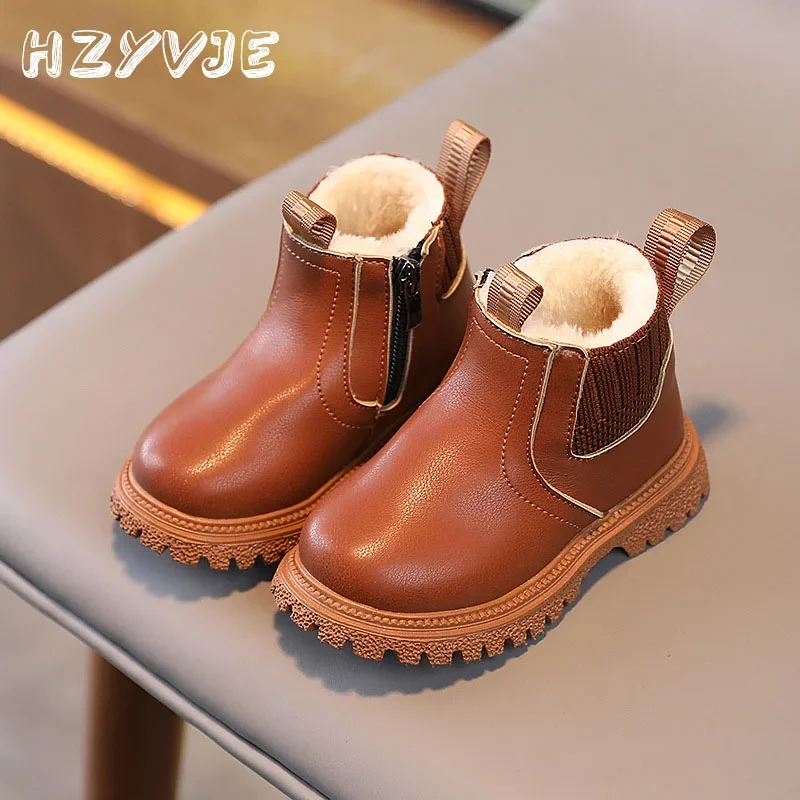 Winter New Kids Thick Plush Warm Boots Side Zipper PU Leather Waterproof Snow Boots Boys Girls Non-slip Plush Cotton Shoes