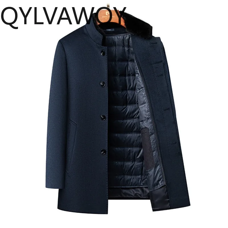 

Мужская зимняя куртка QYLVAWOY из 90,2% овечьей шерсти, средней длины, с воротником-стойкой, утепленная гусиным пухом, теплая одежда для мужчин