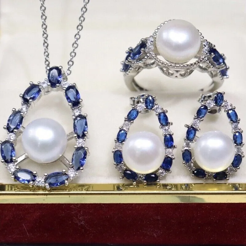 

Gorgeous AAAA 8-9mm South Sea White Women's Pearl Pendant Earrings Ring Set 925 Silver