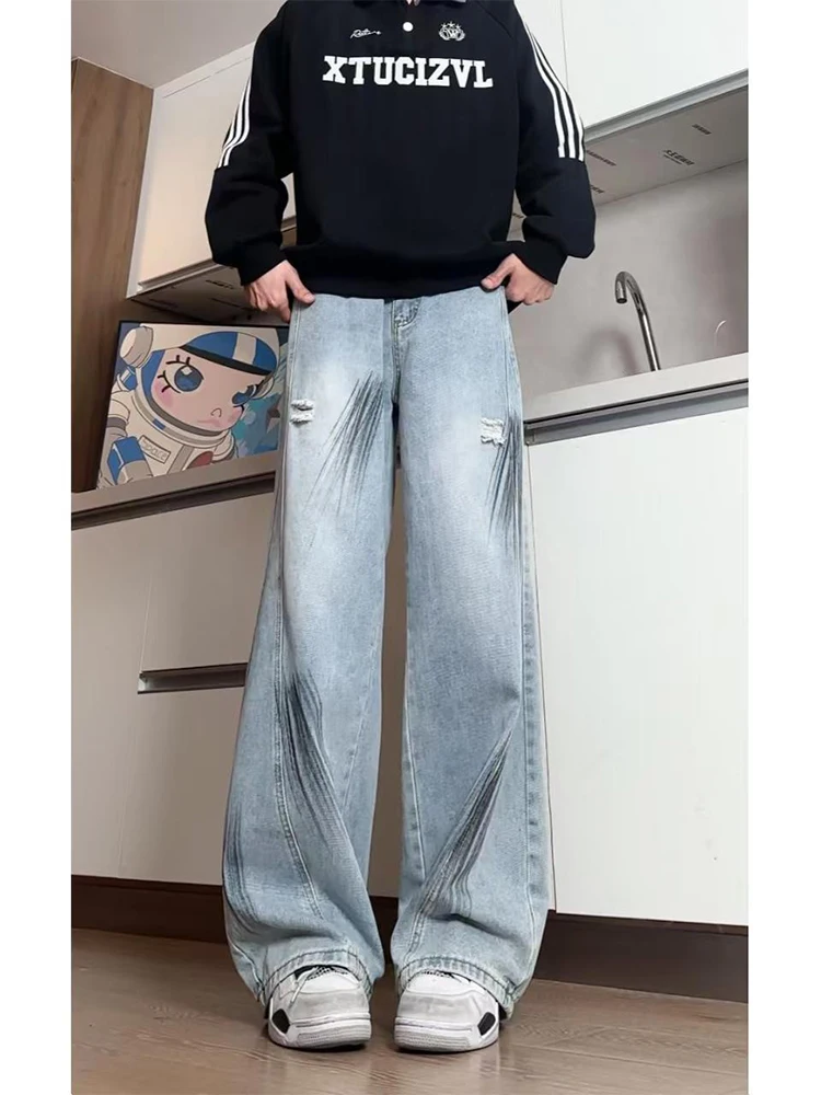 

Blue American Retro Splaed Ink Hole Denim Jeans Men's Autumn Winter Straight Leg Micro Flared Loose Wide Leg Pants