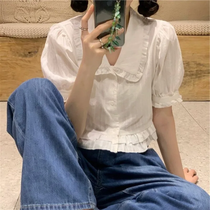 

Shirts Women Sweet Preppy Style Summer Crops Fashion College Girlish Puff Sleeve All-match Casual Solid Simple Y2k High Street