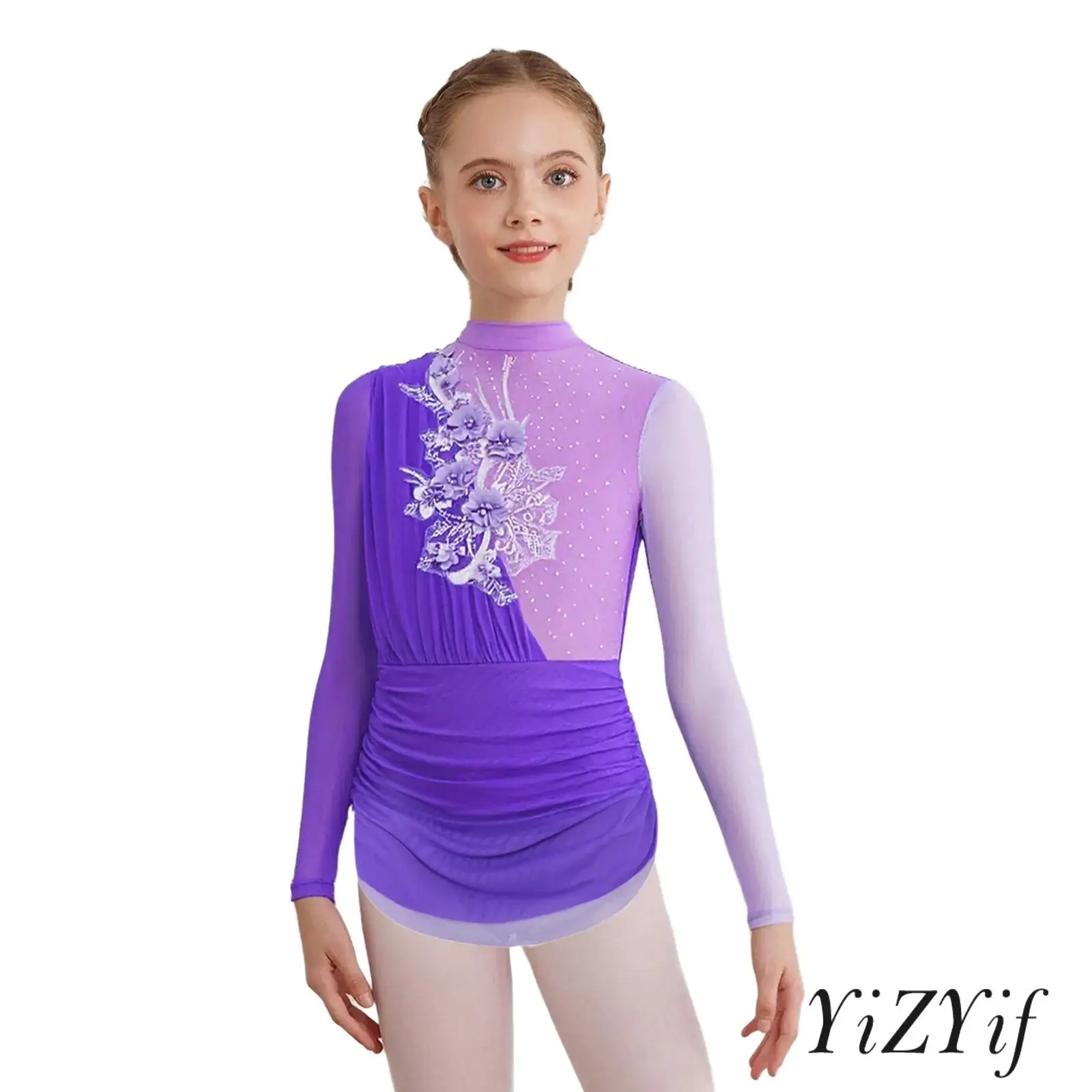 

Kids Girls Figure Skating Ballet Dance Bodysuit Applique Long Sleeves Color Block Ruched Leotard Dress for Ballet Ballroom Dance