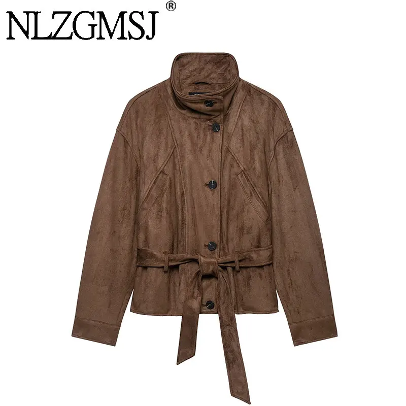 NLZGMSJ 2026 Women Autumn Winter Vintage Suede Belt Coat Casual High Street Stand-Collar Jacket Coat Trendy Elegant Chic Lady Co