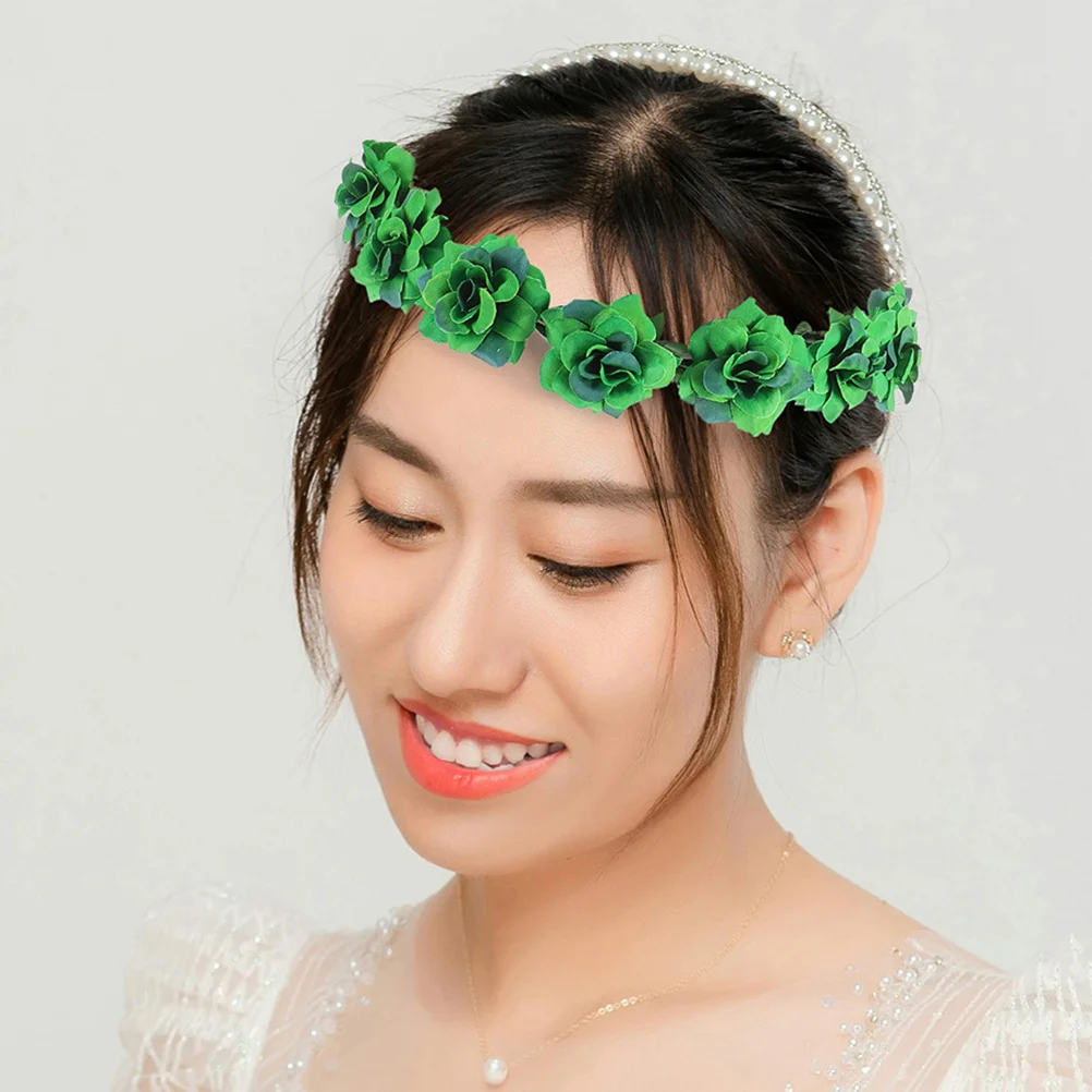 

2Pcs Green Floral Garland Hairband Artificial Fabric Flower Crown Summer Boho Headpiece for Irish Festival Party Photo Props