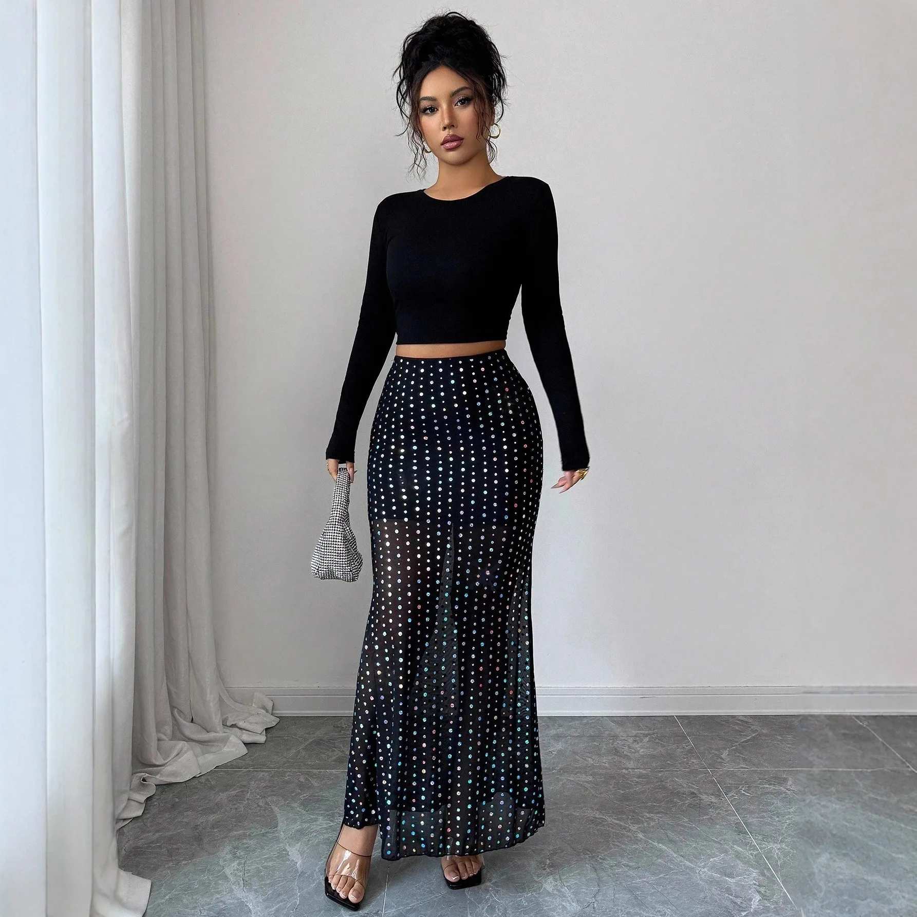 2025 nova malha de camada dupla de lantejoulas quente de cintura alta magro-encaixe hip-embrulho e fino férias namoro saia cw59151