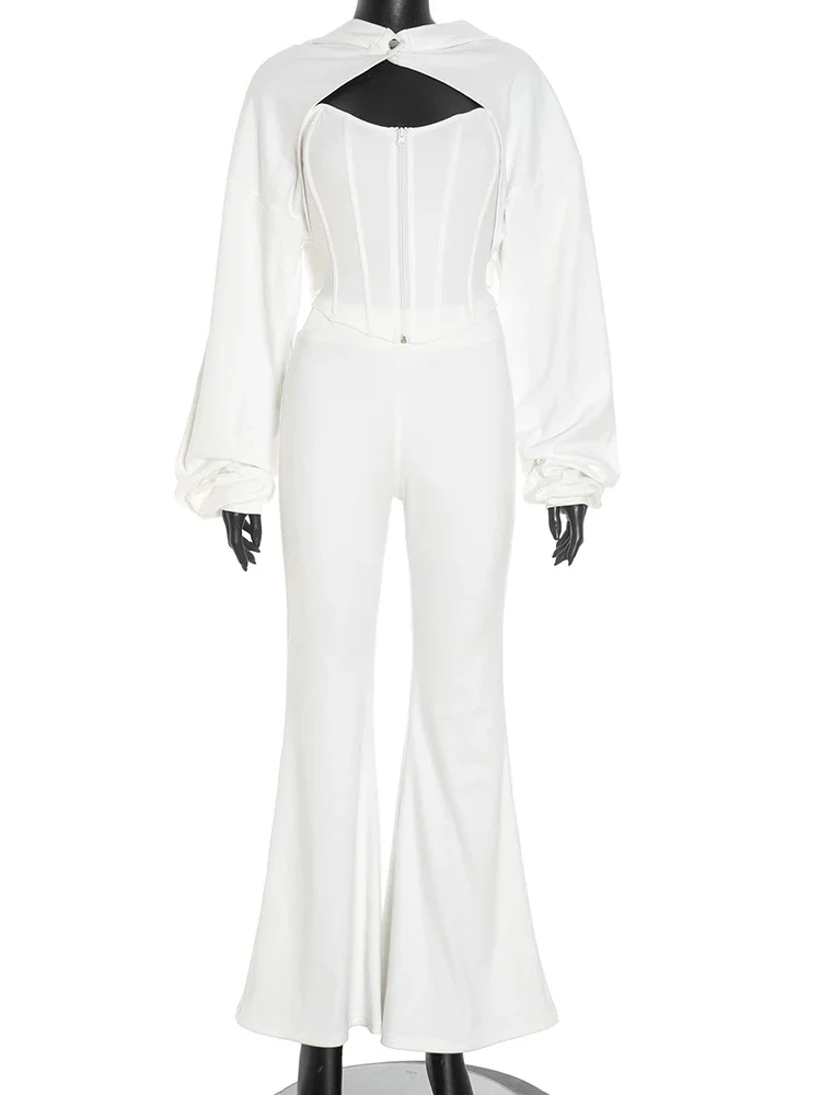 EOENKKY Sexy Tracksuit 3-Piece Set Hooded Botton Crop Top+Zip Chest Wrapped+Long Flare Pants Stretch Skinny Casual Outfits