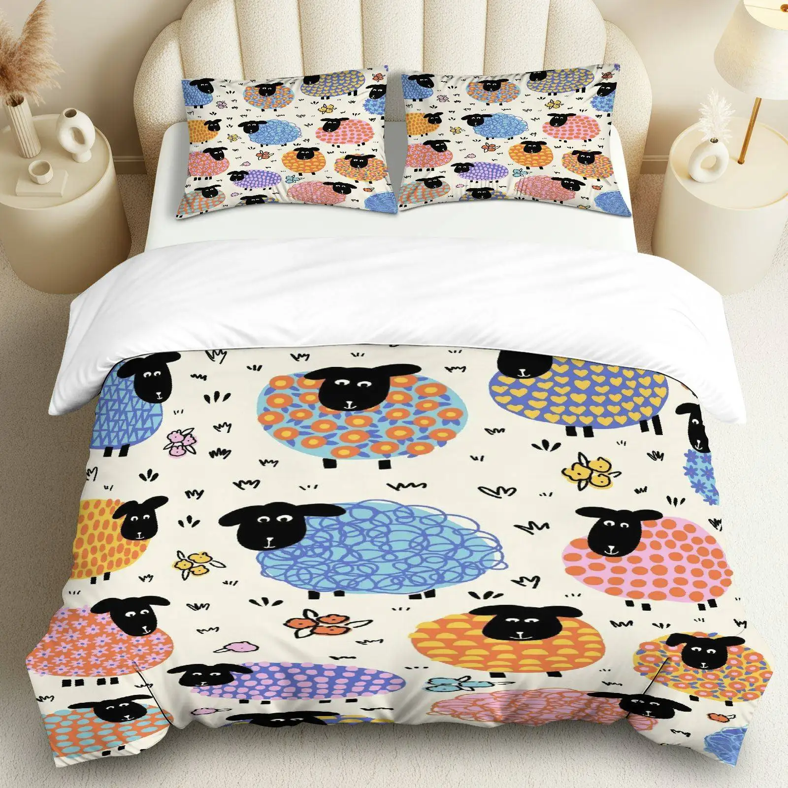 

3PCS Duvet Cover, 1 Duvet+2 Pillowcases(Without filler), Cute Sheep Pattern Suitable for decoration Bedroom, Guestroom.