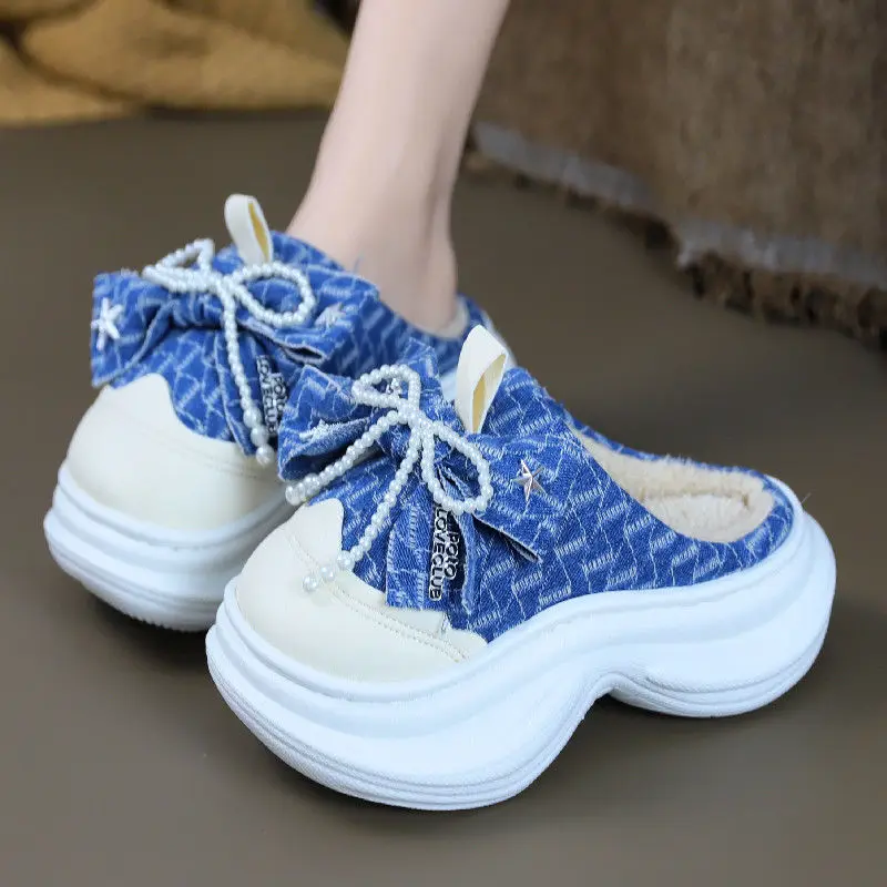 

New studded star plush slippers women winter 6cm high heel jeans slides woman patchwork pearl fur mules denim shoes home sliper