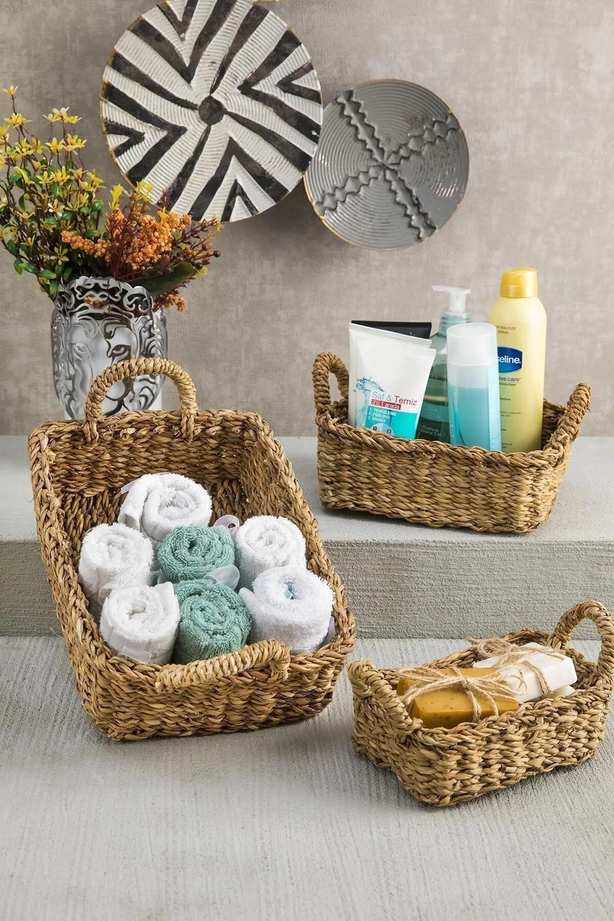 Fizz 3'lü Natural Wicker Basket Organizer Bathroom Basket