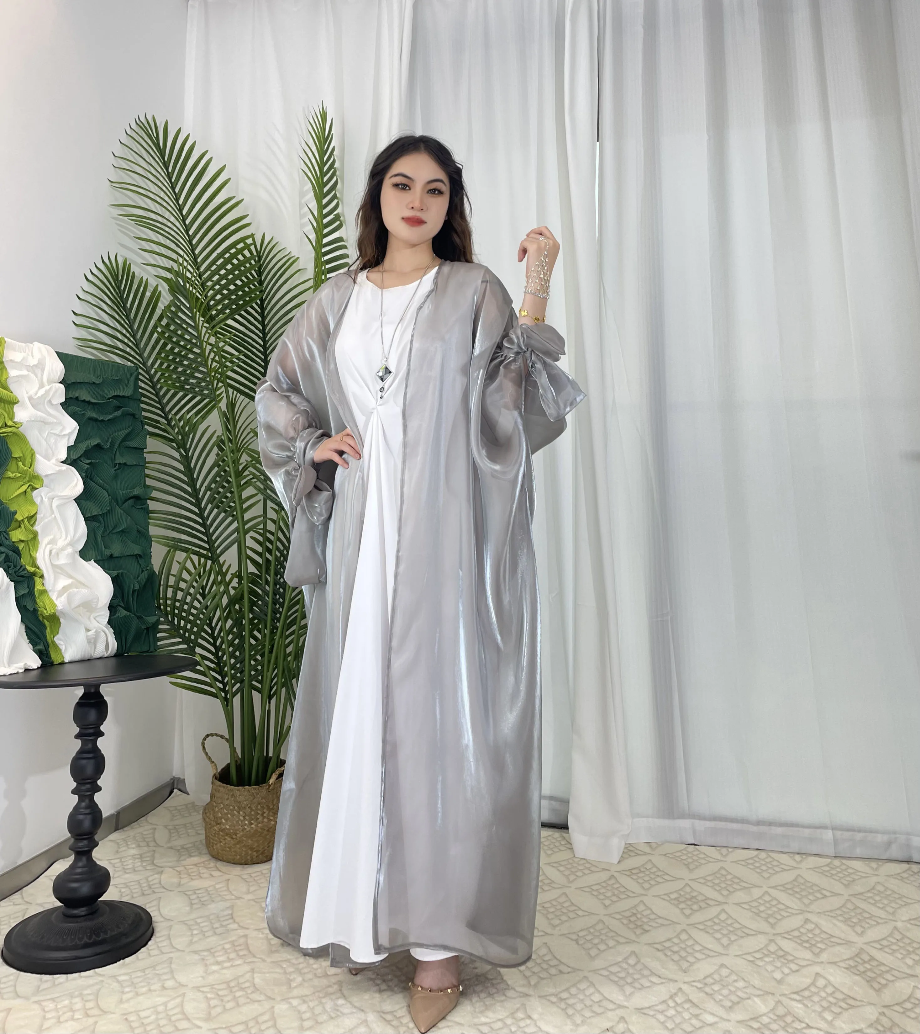 Open Abaya Organza Abaya Glanzende Zijde Abaya Moslim Lange Vrouwen Jurk