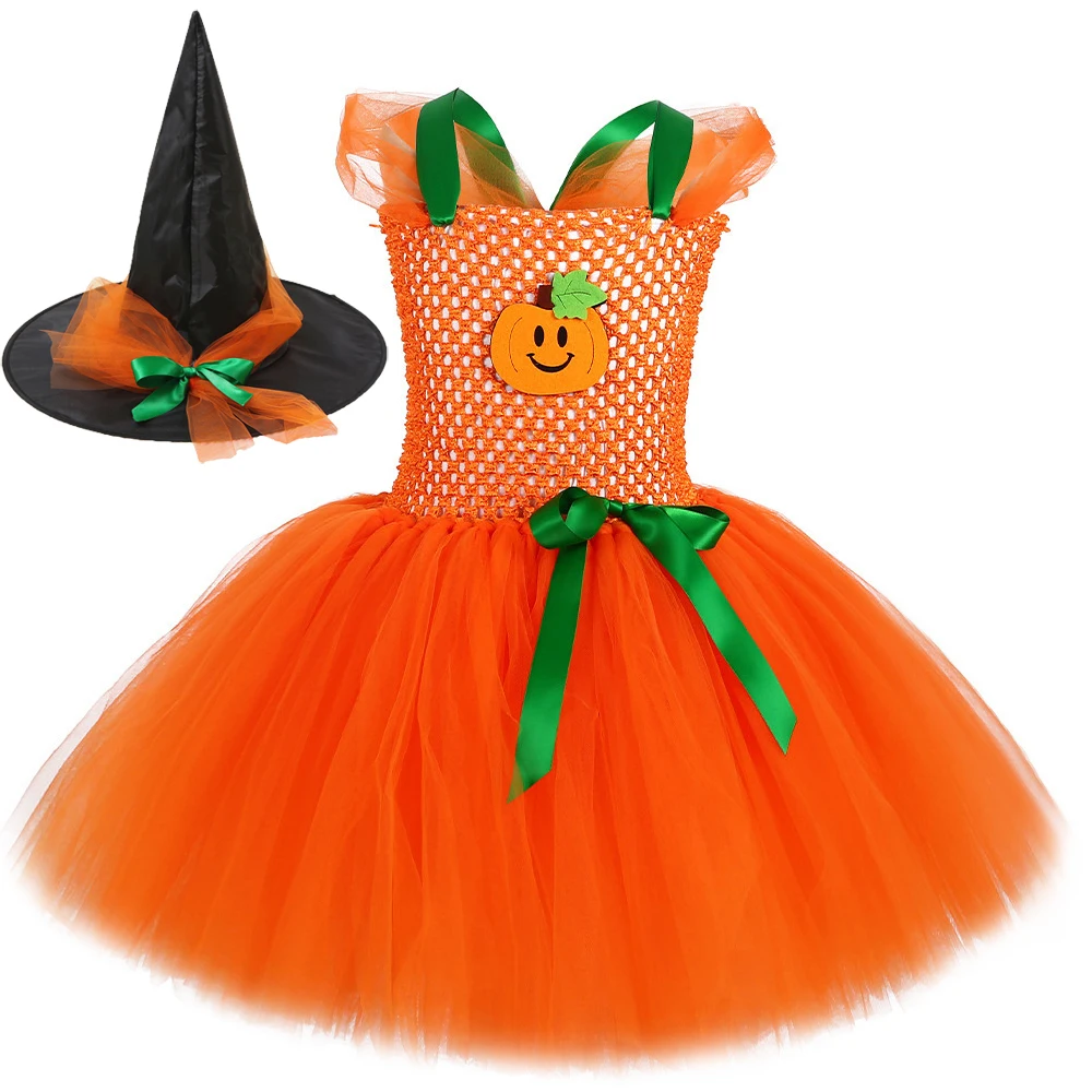 Halloween Pumpkin Costumes for Girls Carnival Party Fancy Desses with Witch Hat Handbag Children Holiday Outfit New Year Clothes