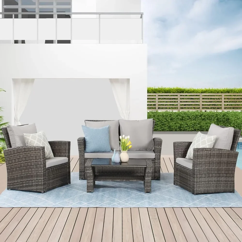 4-piece outdoor terrace furniture set, porch deck wicker dialogue set, gray rattan sofa chair with cushion