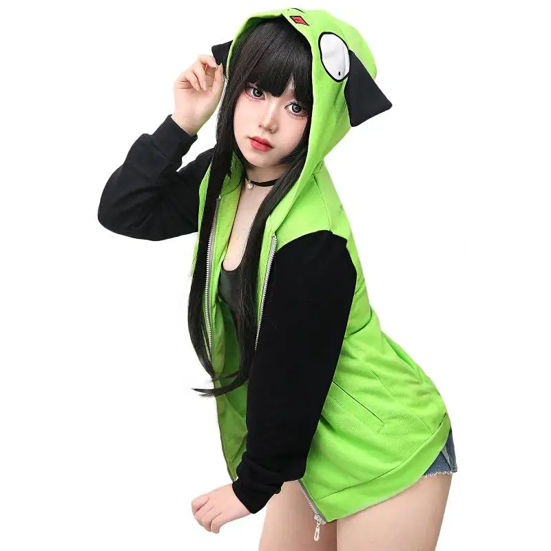 WENAM ZIM-Hoodie unissex com orelha para adulto, cachorro verde casual, moletom com capuz com zíper, traje Cosplay Halloween, jaqueta de desenhos