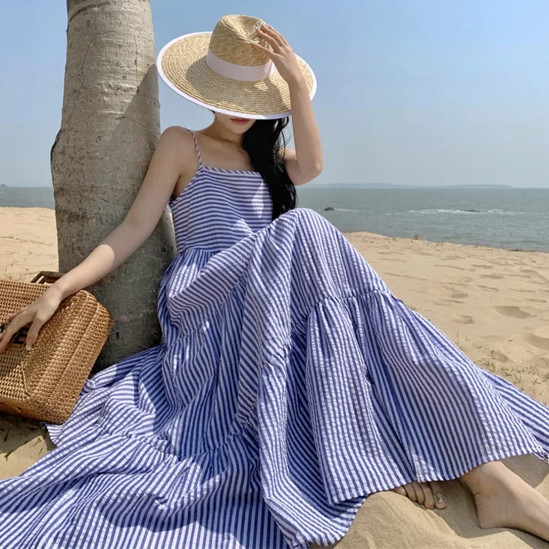 HKSH Sommer Neue frauen Flut Trendy Urlaub Stil High Street Süße Casual Mode Vielseitig Gestreiften Plissee Strap Kleid HK6367