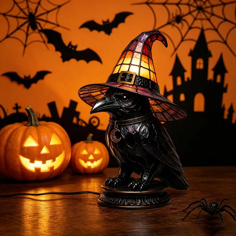 Exquisite Resin Craft Stained Glass Witch Hat Lamp Black Cat Ghost Raven Night Light Retro Resin Table Lamp for Halloween