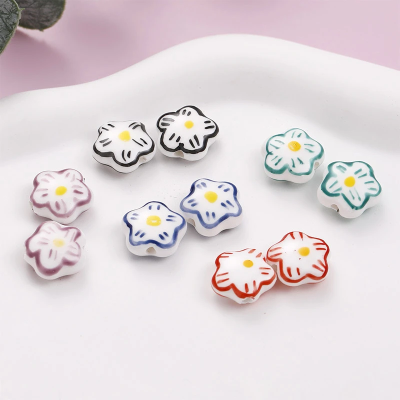 4 Pieces Cute Hand-painted Color Cherry Blossom Straight Hole Ceramic Beads  Diy Bracelet Necklace Beads Accessories Materials