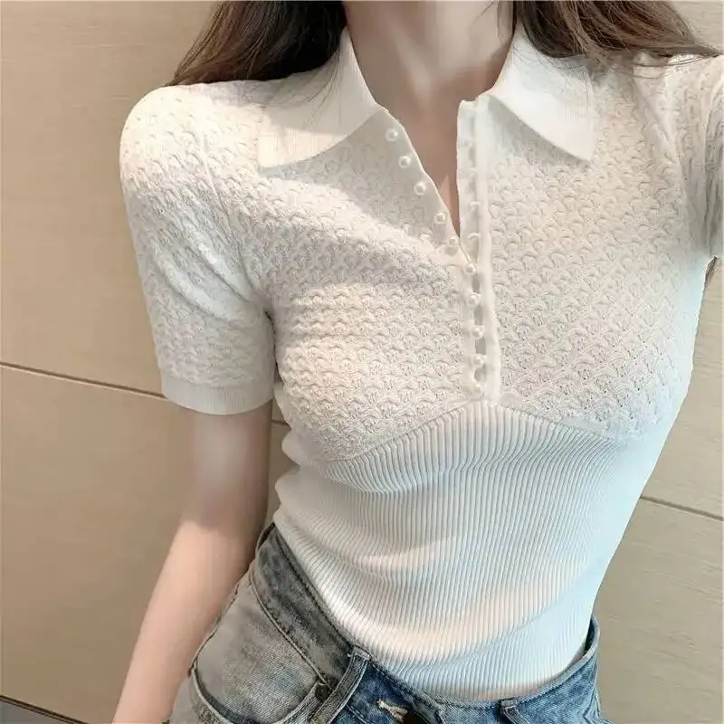 ポロネックシャツ女性のための白いボタン無地プルオーバー若々しい服女性 T ベーシックユース半袖 Tシャツ美的新しい