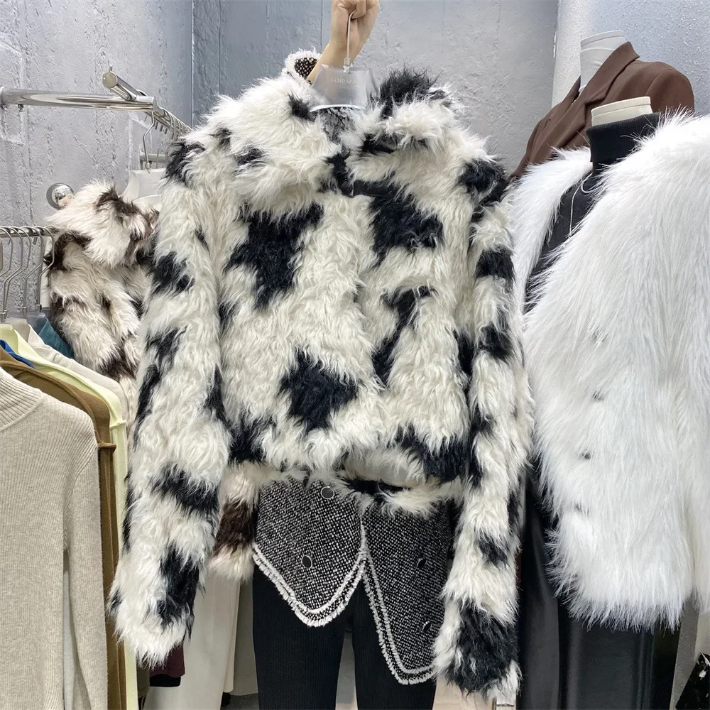 Autumn Winter Thick Hort Jackets Leopard Pattern Womens Clothing Fur Collar Lamb Wool Roll Imitation Coat Long Sleeve Short Tops