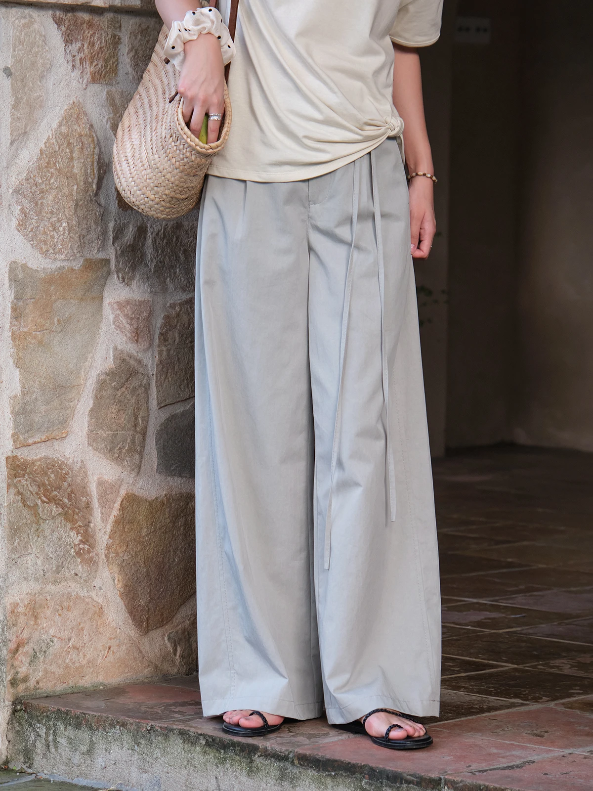 

Botanique Straight Leg Cotton Silk Pants High Waist Belted Trousers for Women Commute Sle Simple Design Summer Collection