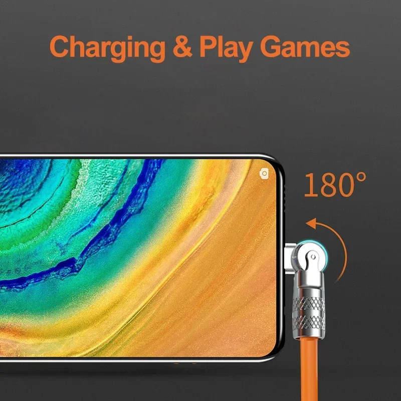 180° Rotatable 120w Super Fast Charging Cable Liquid Silicone Mobile Game USB Type-C Charge Elbow Cable For Xiaomi iPhone Huawei