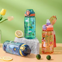 600ml Cute Water Bottle with Silicone Straw Leakproof Dinosaur Rabbit Design Portable Outdoor Sports Drinkware for School Travel