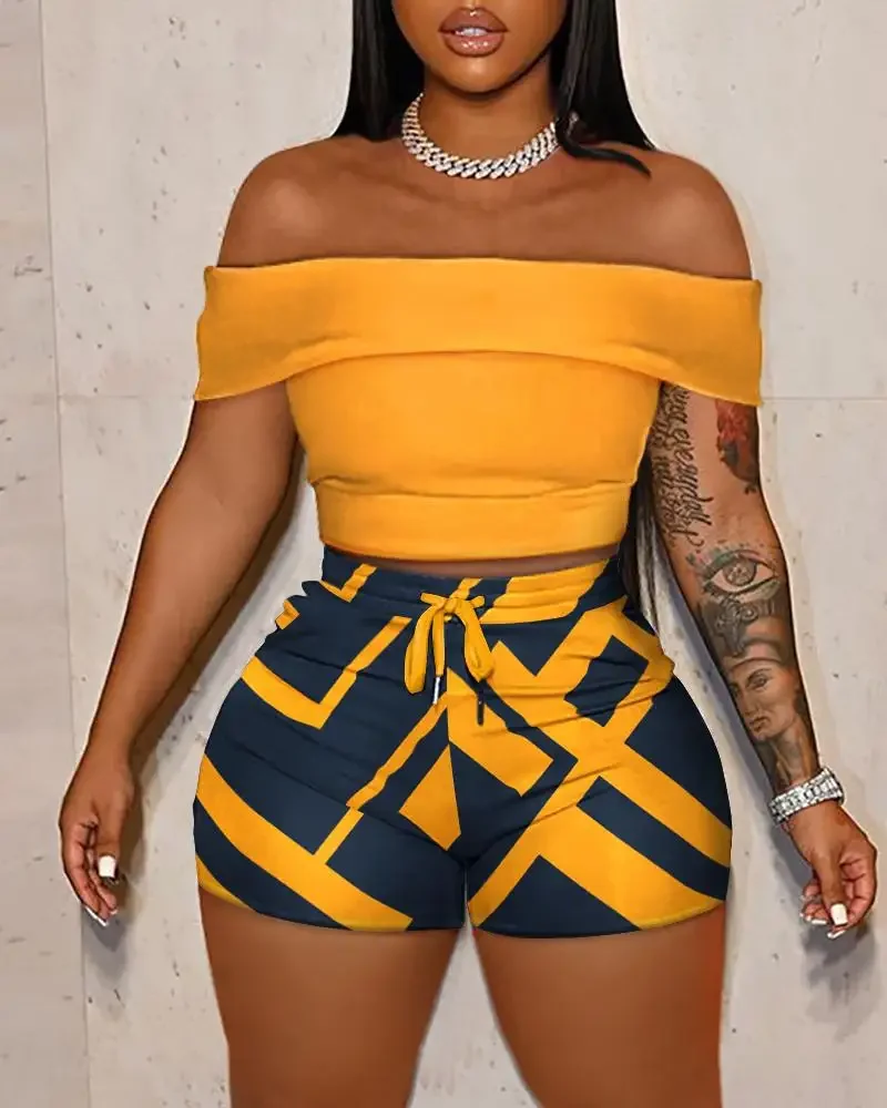 Summer Two Piece Sets Womens Outifits Fashion Off Shoulder Crop Top and Geometric Print Shorts Set Women Tracksuit Clothes