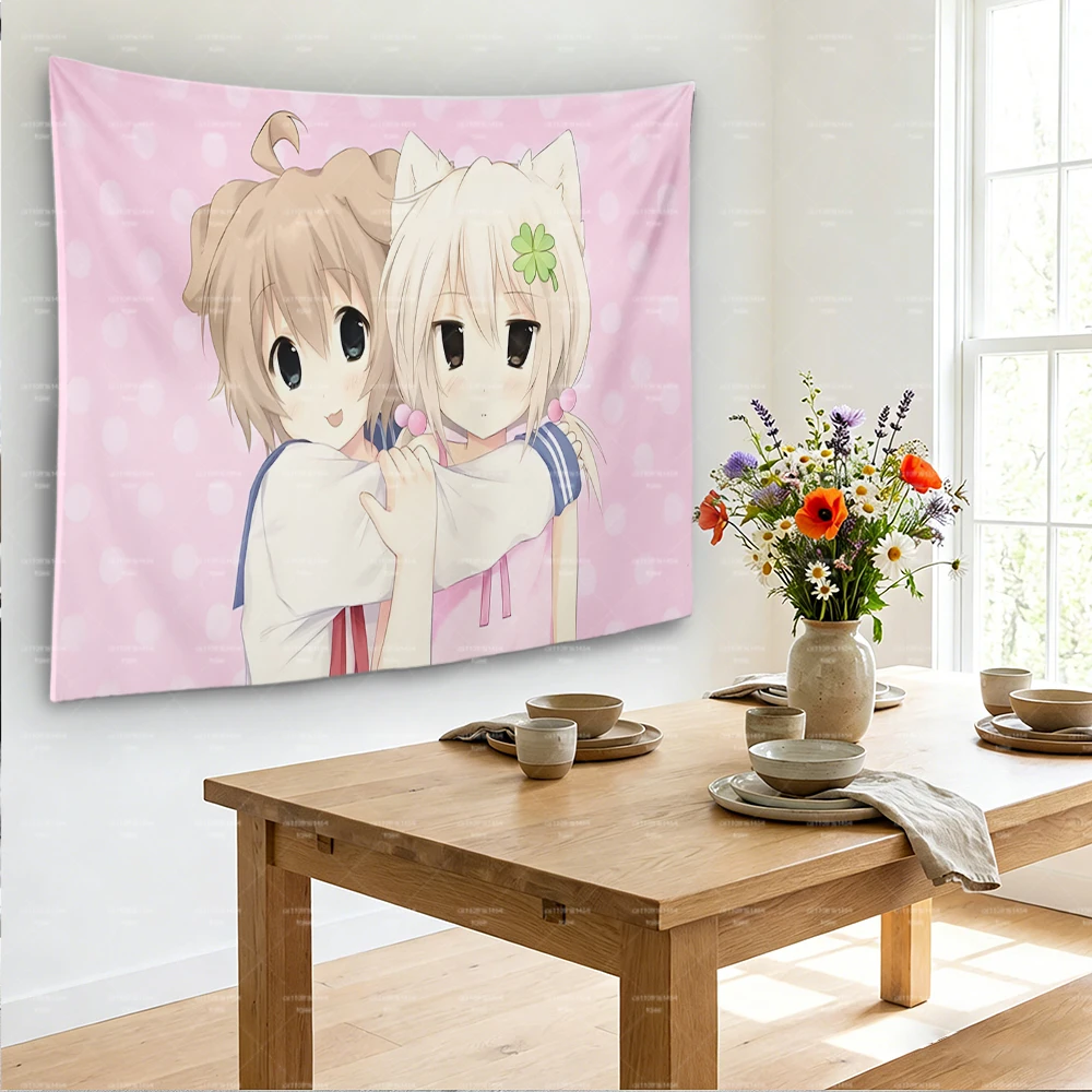 Kawaii Wandteppich mit Katzen- und Hundeohren für Mädchen, rosa gepunkteter Anime-Wandbehang für Schlafzimmer- und Wohnheimdekoration – Detail 1
