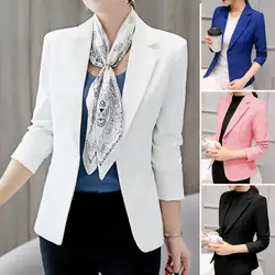 Women Blazer Solid Color Long Sleeve Turn-down Collar Single Bottom Slim Fit Classic Suit Coat Office Ladies Pocket Jacket