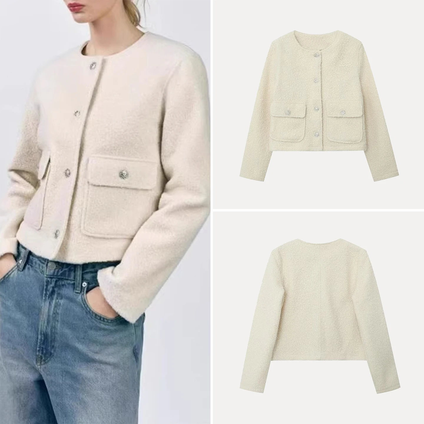 レディース-ラウンドネック-ロング丈-ジャケット-2025年秋新作-スリーブ丈-スタンドカラー-フィット-オーバーウェア-ボタン留め-帽子なし