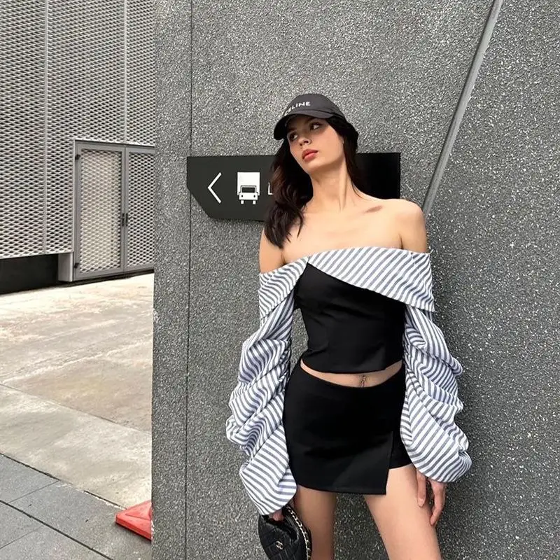 

Женский полосатый комплект с одним открытым плечом и длинными рукавами, модный летний наряд, повседневный, удобный, дышащий, с полосатым узором