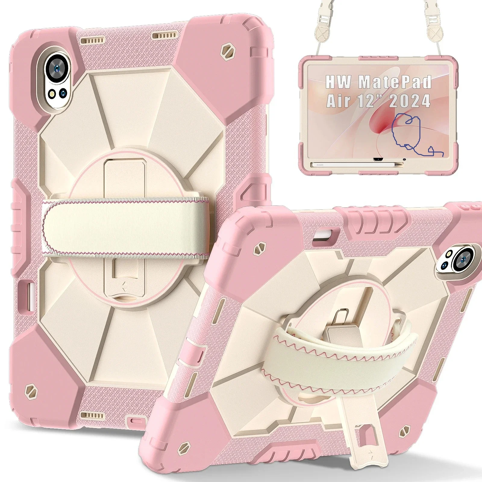 

3in1 Kids Heavy Duty Armor Case for Huawei Matepad Air 12 Inch 12x SE 11 11.5S 2024 Shckproof Tablet Stand Cover with Neck Strap