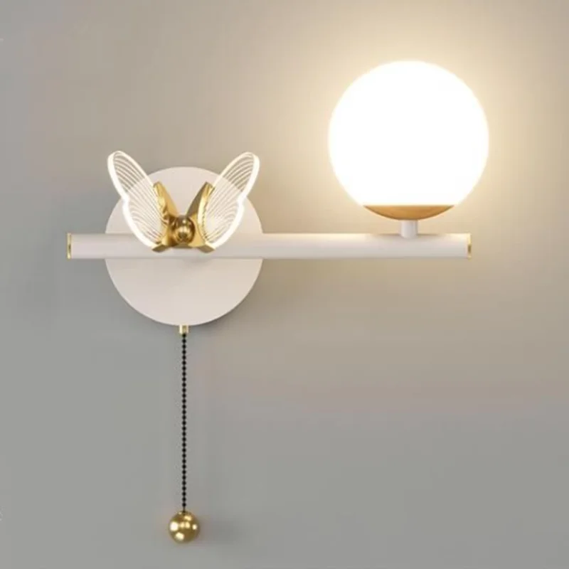 Luxury Bedroom Decoration Wall Lamp LED Metal Body Acrylic Lampshade Creative Butterfly Sconce Light Lustres With Chain Switches