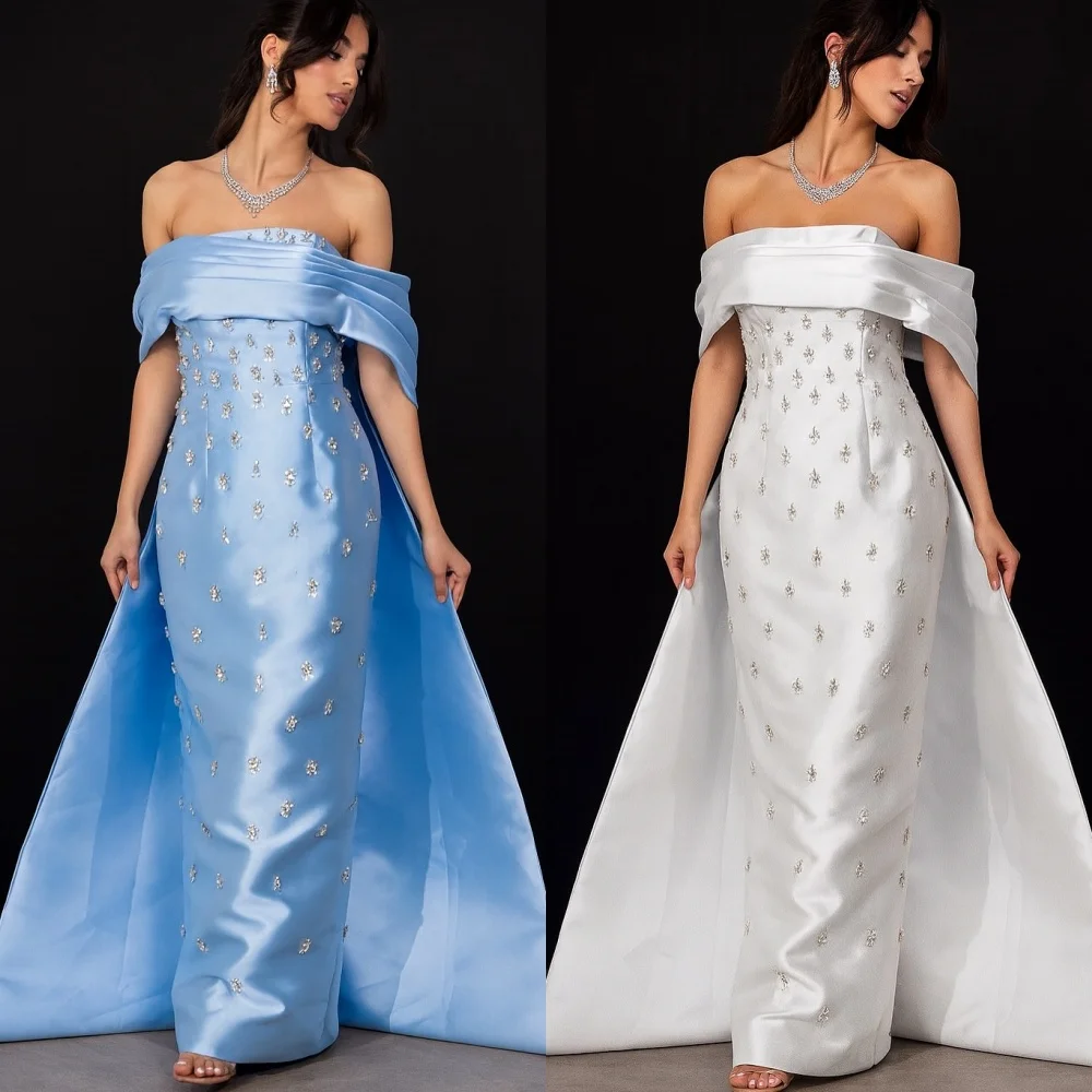 

Customized Elegant Charmeuse Pleat Sequined Straight Off-the-shoulder Midi Dresses Bespoke Occasion Quinceanera Sparkle