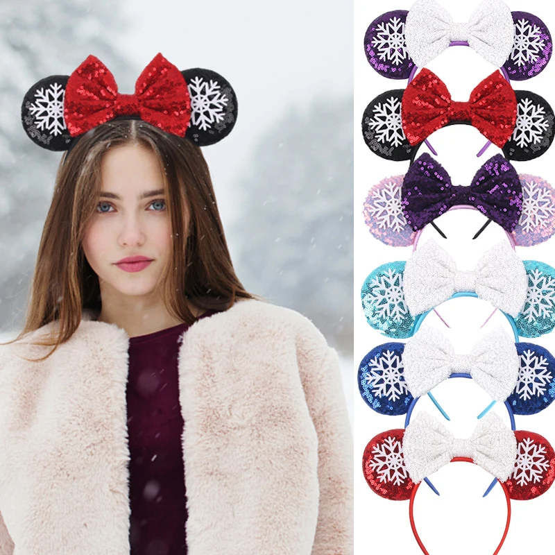 Christmas Disney Mickey Mouse Headbands Sequin Ear Headband Sequin Snowflake Bow for Adults Women Party Hairbands Girls Kids Gif