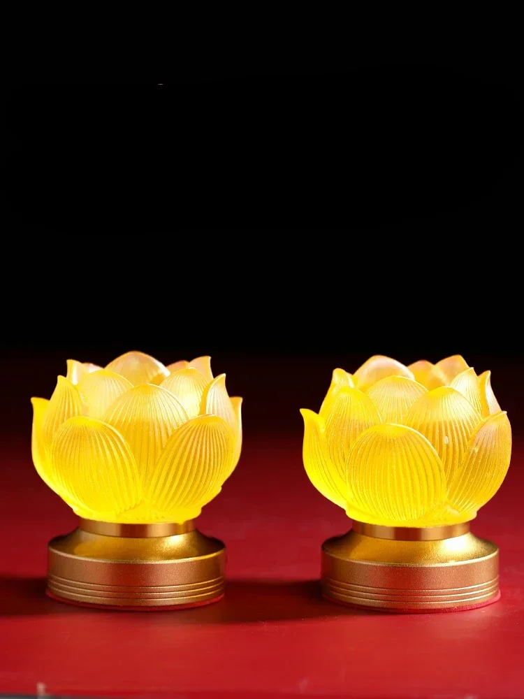 Glass Lotus Lamp, Bodhisattva Buddha Offering Lamp, Household Colorful LED Everbright Lamp, Pair of Rechargeable Buddha Lamp