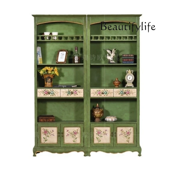 

American rural solid wood storage bookcase multi-layer storage retro green painted storage file display locker