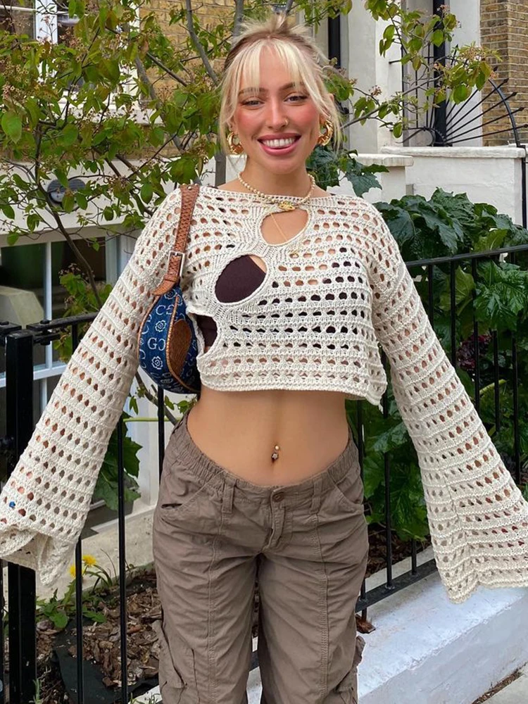 

Mesh Net Hollow Out Cropped Knit Smock Top Women Y2K Vintage Loose Distressed Crochet Pullovers Casual Fairycore Chic Streetwear
