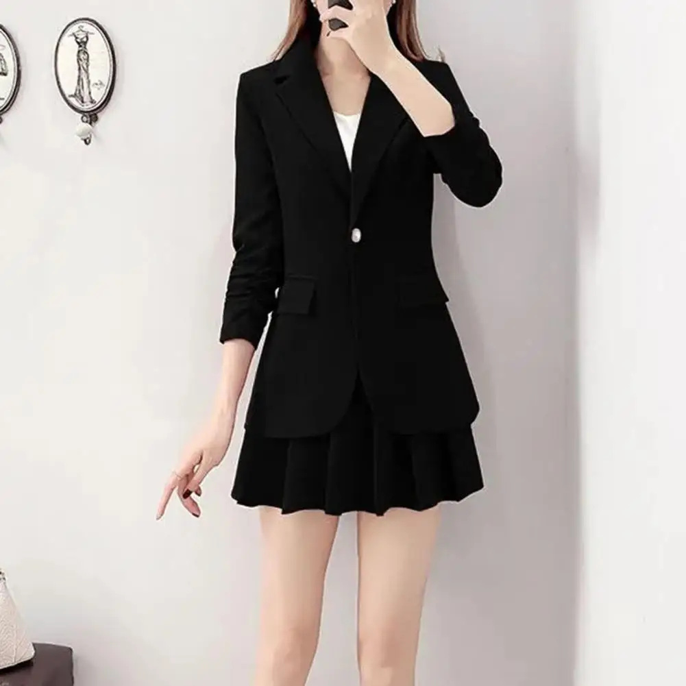 Long-sleeve Jacket Short Skirt Set Women's Commuting Style Suit Set Long Sleeve Jacket Pleated Mini Skirt for Spring/autumn