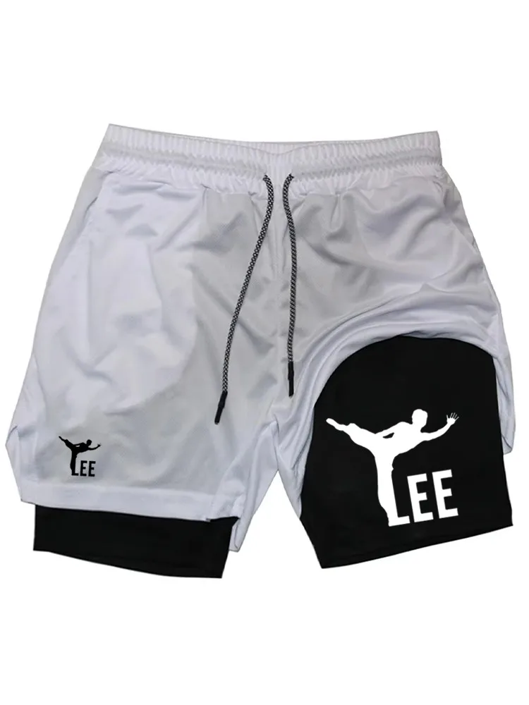 

Men's LEE Kick Boxing Graphic 2-in-1 Shorts, Quick Dry Double Layer Gym Workout Running Athletic Fitness Shorts WX057